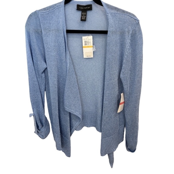 CABLE & GUAGE Light Blue Open Cascade Front Roll Tab Sleeve Sweater Size S NWT - Picture 1 of 5